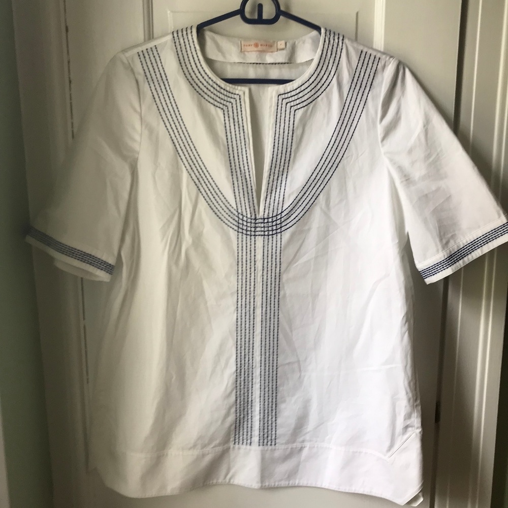 Tory Burch White Tunic Top with Navy Stitching